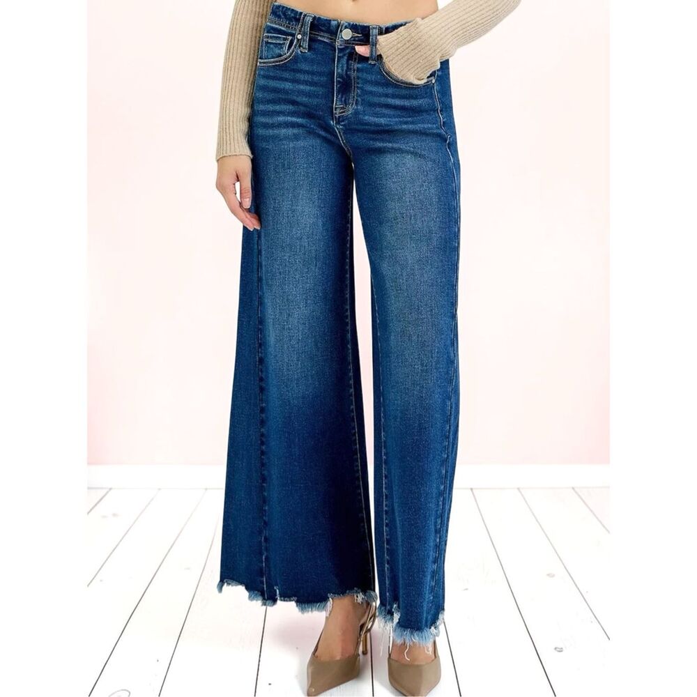 Risen High Rise Dark Wash Wide Leg Raw Hem Stretch Denim Jeans NWT - Picture 13 of 14